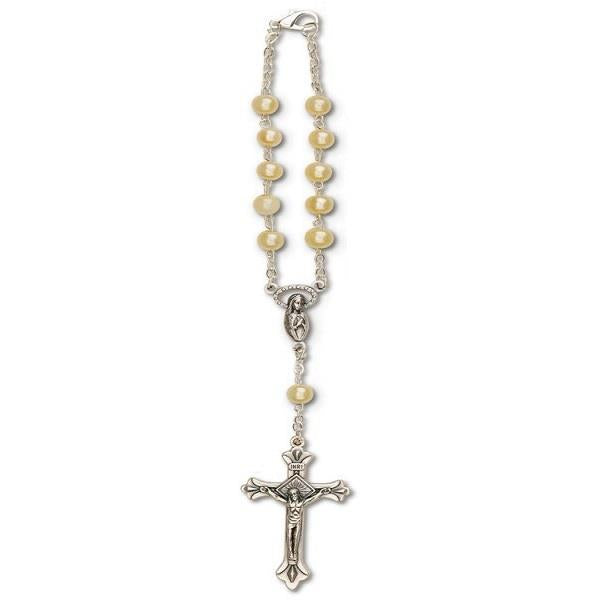 Auto Rosary White Glass Pearl