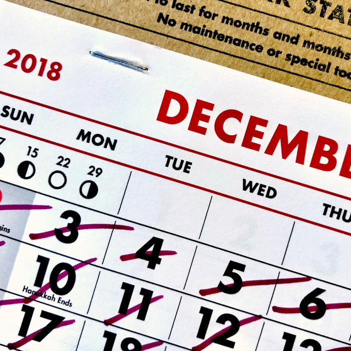 2018 December calendar with crossout marks