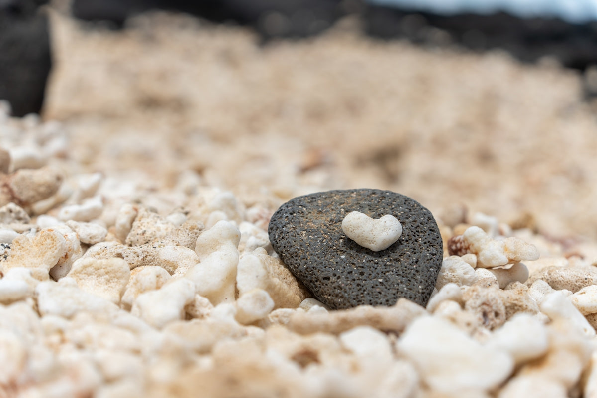 White heart-shaped stone on a dark rock surrounded by pebbles.