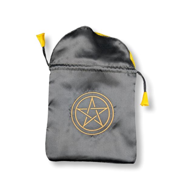 A small black satin drawstring pouch with a gold pentagram symbol on the front and yellow tassel ends, shown on a white background.