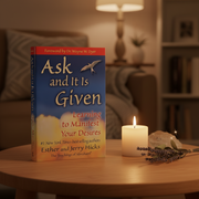 Book 'Ask and It Is Given' on a table with a candle and flowers in a cozy room.