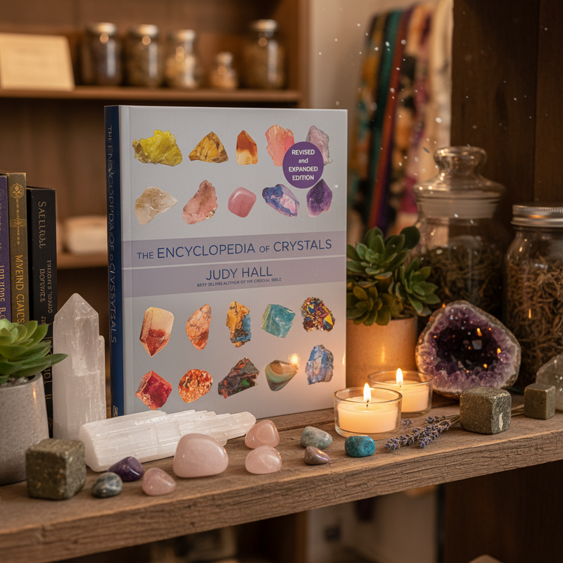 Book titled 'The Encyclopedia of Crystals' by Judy Hall on a shelf with crystals and candles.