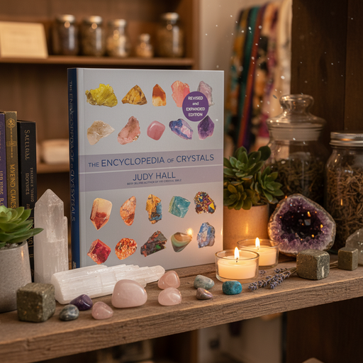 Book titled 'The Encyclopedia of Crystals' by Judy Hall on a shelf with crystals and candles.