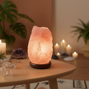 Himalayan salt lamp on a wooden table with candles and crystals in a cozy room setting.