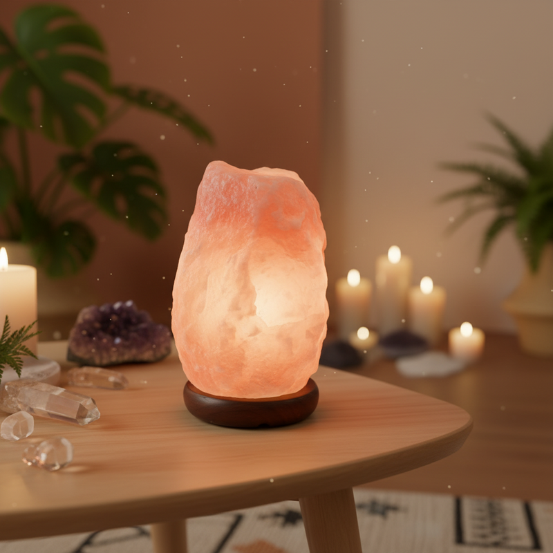 Himalayan salt lamp on a wooden table with candles and crystals in a cozy room setting.