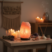 Himalayan salt lamp on a wooden table with candles and decorative items in a cozy setting.