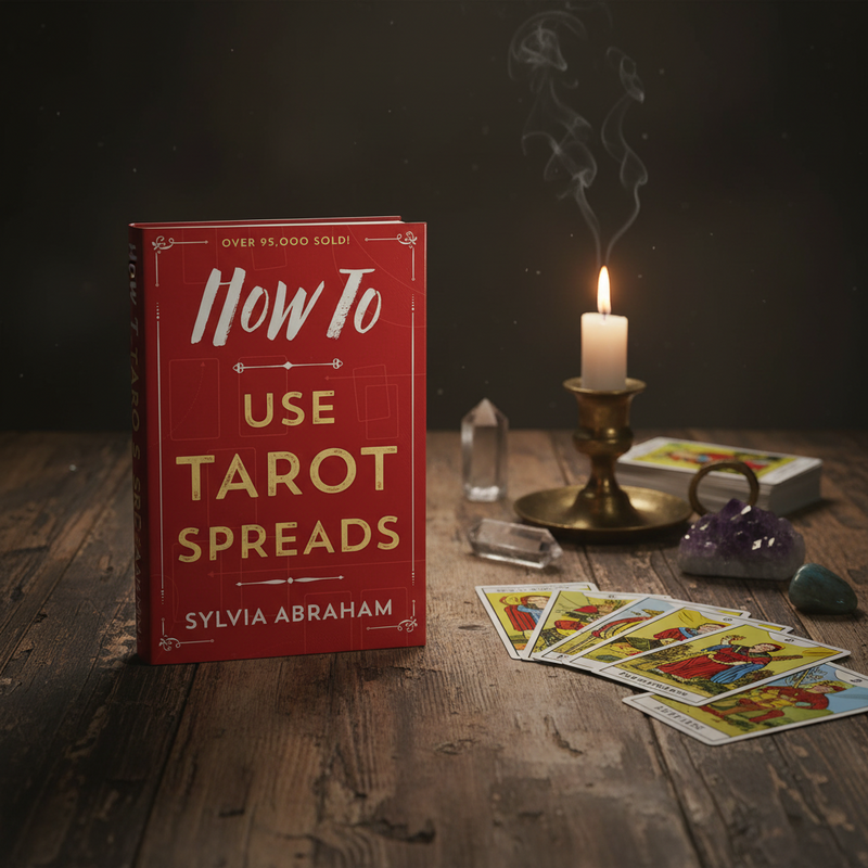 Book titled 'How To Use Tarot Spreads' by Sylvia Abraham on a wooden table with tarot cards and a candle.