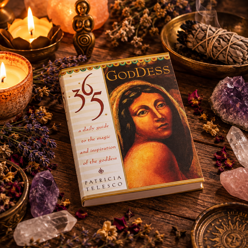A book titled 'GodDess 365' by Patricia Telesco is displayed on a rustic wooden table surrounded by candles, crystals, dried flowers, and a smudge bundle. The book cover features a classical painting of a goddess.