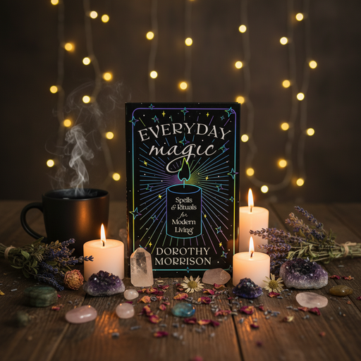 Book titled 'Everyday Magic' by Dorothy Morrison on a wooden table with candles, crystals, and flowers.