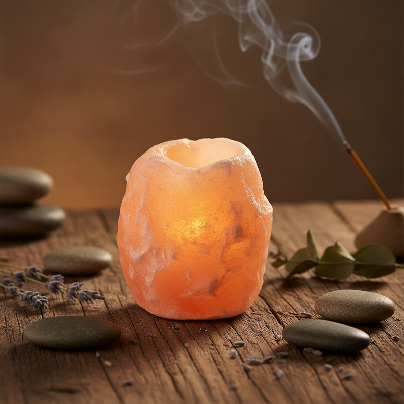 Himalayan salt candle holder on a wooden surface with stones and lavender.