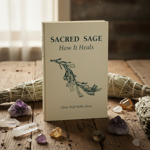 Book titled 'Sacred Sage: How It Heals' on a wooden surface with crystals and smudge sticks.