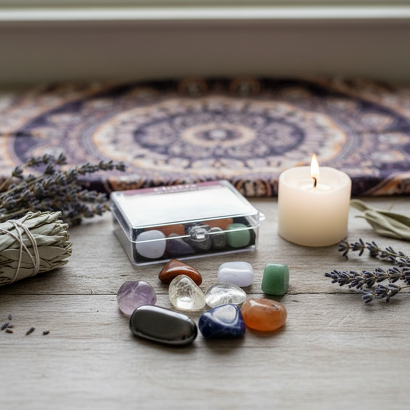 A chakra stone kit set on an altar with sage and lavender herbs and a candle