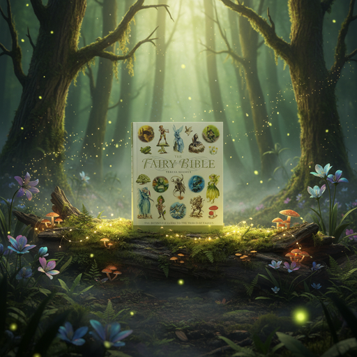 Book titled 'The Fairy Bible' in a magical forest with glowing flowers and sunlight filtering through the trees.
