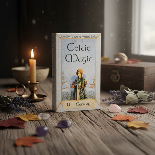 Book titled 'Celtic Magic' by D.J. Conway on a wooden surface with candles and crystals.