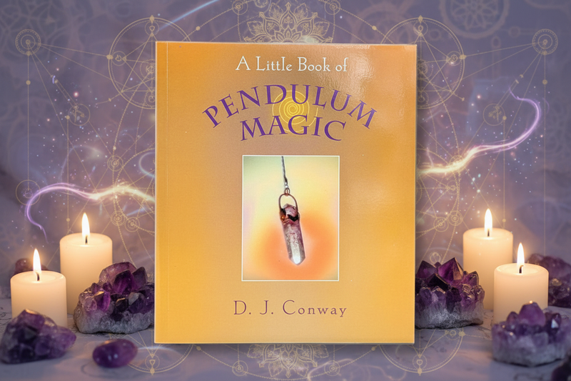 Book titled 'A Little Book of Pendulum Magic' by D.J. Conway with candles and crystals on a mystical background.