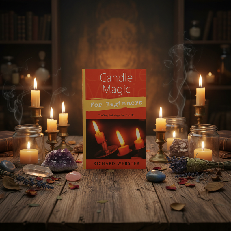 Book titled 'Candle Magic for Beginners' by Richard Webster on a wooden table with candles and crystals.