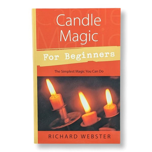 Book cover of 'Candle Magic for Beginners' by Richard Webster with images of candles on an orange background.