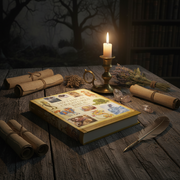 Vintage book with illustrations on a wooden table with a candle, scrolls, and other objects.