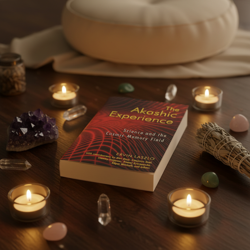 Book titled 'The Akashic Experience' on a table with candles and crystals
