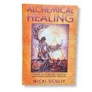 A book titled 'Alchemical Healing' by Nicki Scully with a colorful cover design featuring images of people, a sword, and cosmic elements.