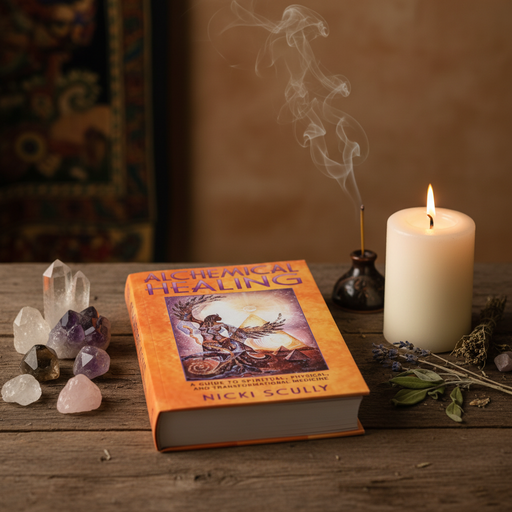 Book titled 'Alchemical Healing' by Nicki Scully on a wooden surface with a candle, crystals, and incense.