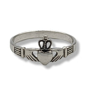 Silver Claddagh ring on a white background