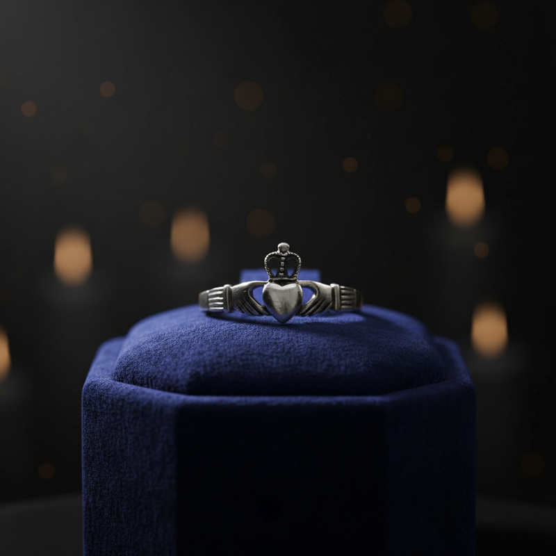 Silver ring on a blue cushion with a dark, blurred background