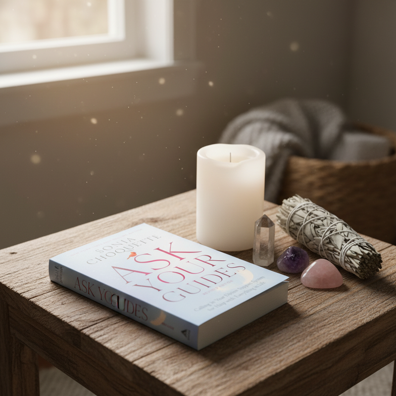 Book titled 'Ask Your Clades' on a wooden surface with a lit candle and crystals.