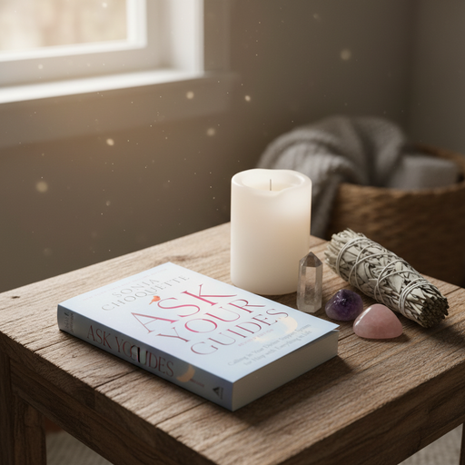 Book titled 'Ask Your Clades' on a wooden surface with a lit candle and crystals.