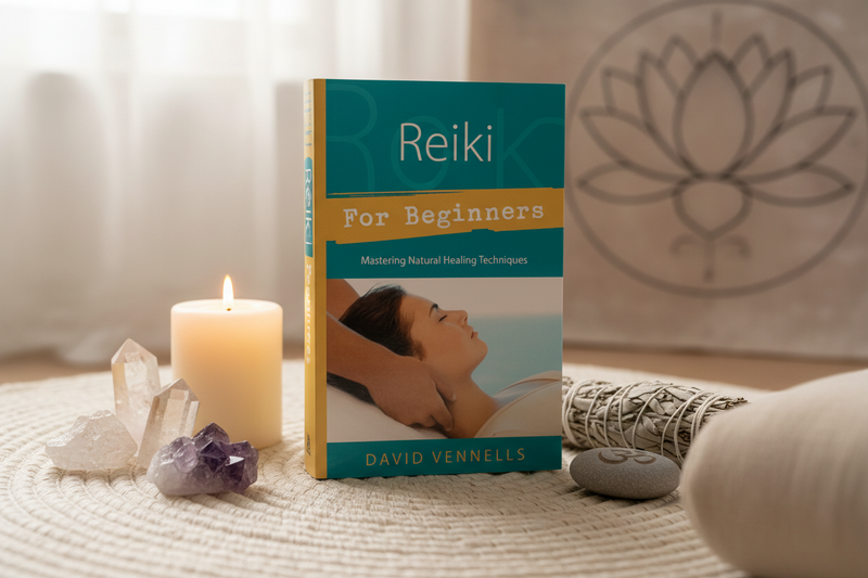 Book titled 'Reiki for Beginners' by David Vennells on a table with a candle and stones.