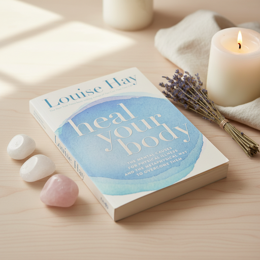 Book titled 'Heal Your Body' by Louise Hay on a wooden surface with candles and stones.