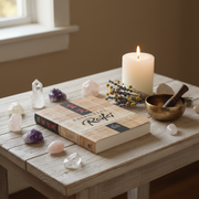 Book titled 'Essential Reiki' on a wooden table with crystals, a candle, and a bowl.