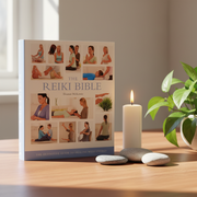 Book titled 'The Reiki Bible' on a table with a candle and stones, in a calm setting.