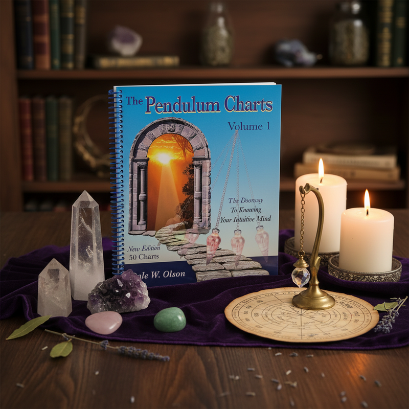 Book titled 'The Pendulum Charts Volume 1' with candles, crystals, and a pendulum on a purple cloth.