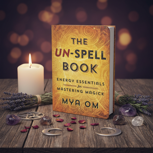 Book titled 'The Un-Spell Book' on a wooden surface with a candle and crystals, against a blurred background.