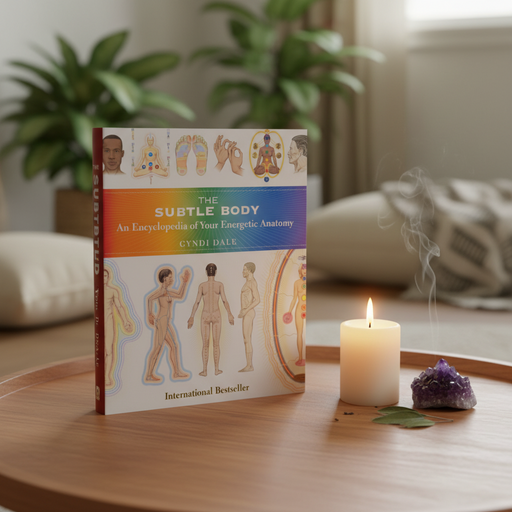 Book titled 'The Subtle Body' on a table with a candle and crystal