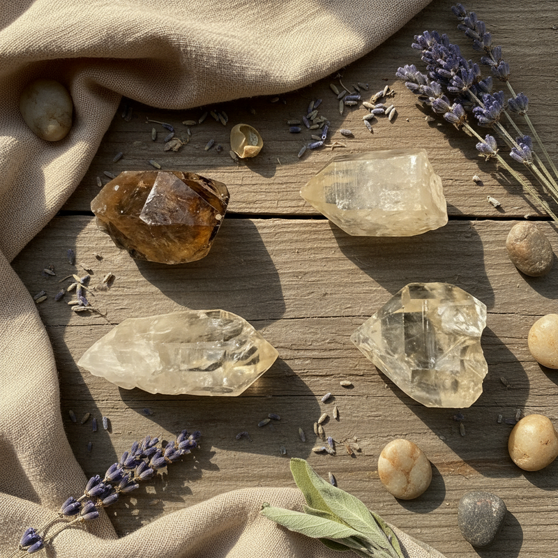 Crystal stones and lavender on a wooden surface with beige fabric