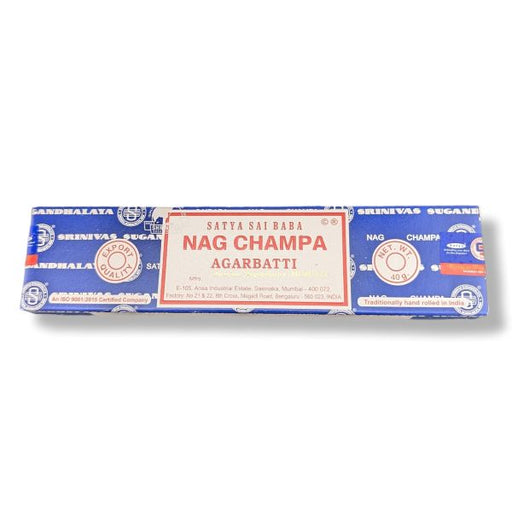 Box of Nag Champa incense sticks on a white background