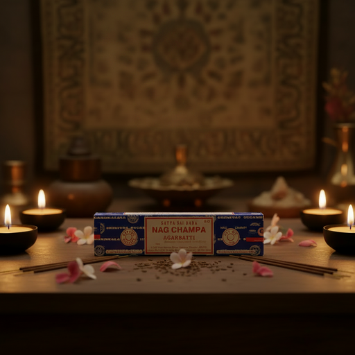 Box of Nag Champa incense with candles and flowers on a wooden surface.