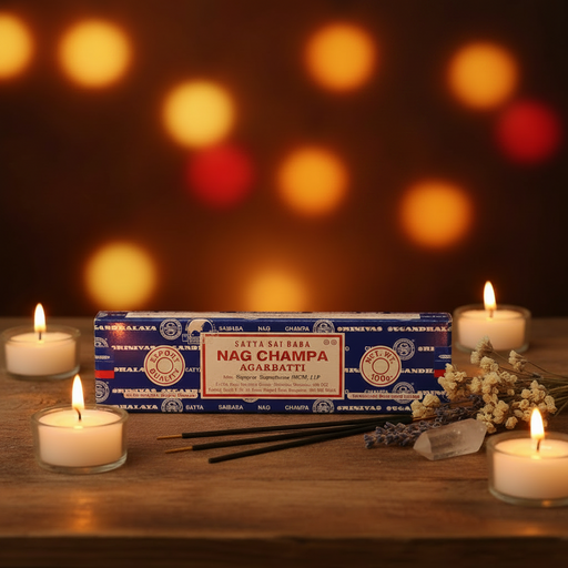 A box of  Nag Champa Agarbatti incense sticks sits on a wooden table surrounded by lit white candles, small white flowers, and a crystal ball, with warm bokeh lights in the background.
