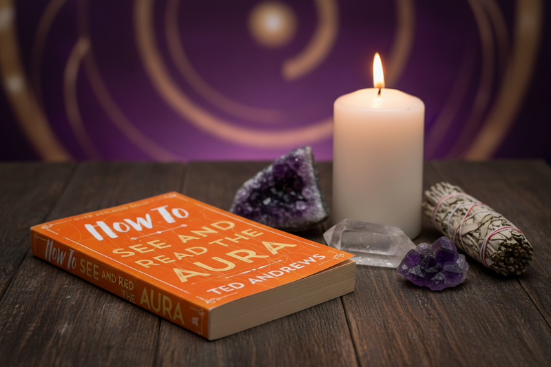Book titled 'How to See and Read the Aura' by Ted Andrews with a candle, crystals, and smudge sticks on a wooden surface.