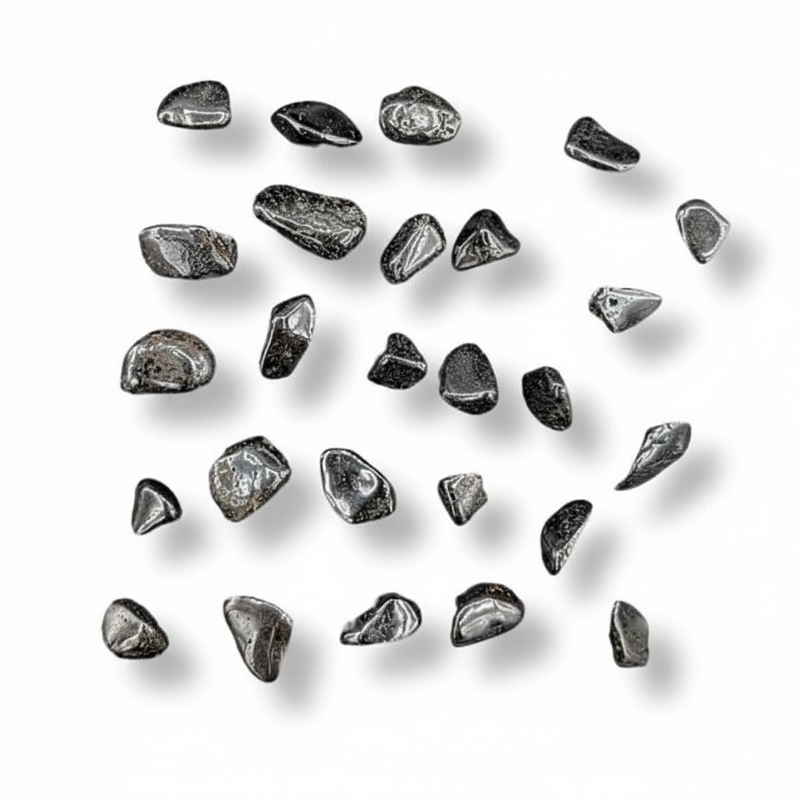 Collection of lodestones arranged in a scattered pattern on a white background