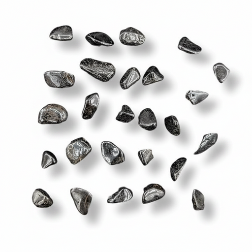 Collection of lodestones arranged in a scattered pattern on a white background