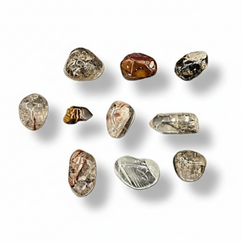 Collection of tumbled shamanic quartz on a white background