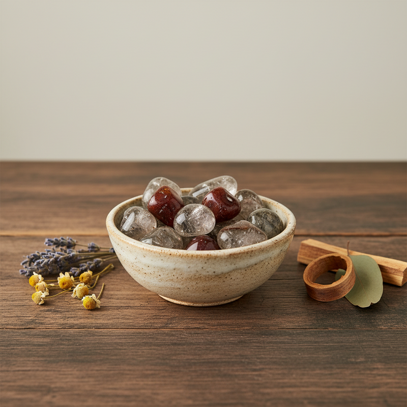 Bowl of crystals on a wooden surface with dried flowers and wooden tools.