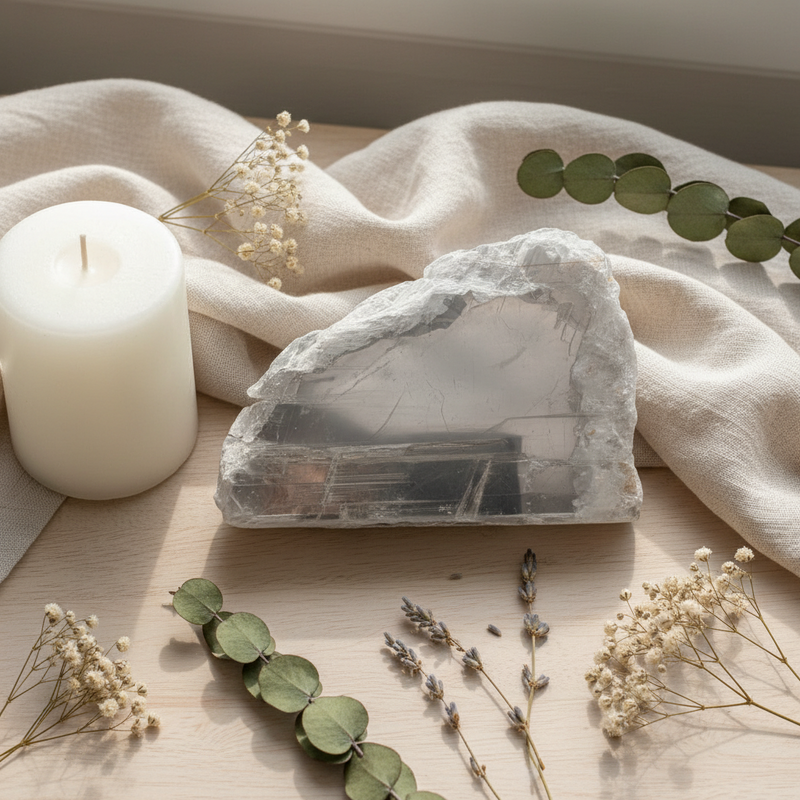 A polished raw selenite slab with natural rough edges and internal inclusions, styled on a light wood surface with a white pillar candle, draped cream linen fabric, and dried eucalyptus and baby's breath sprigs.