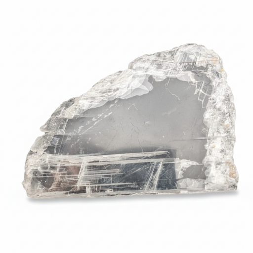 A raw, rough-cut clear selenite specimen showing layered tabular crystal structures and internal gray smoky areas, photographed on a clean white background.