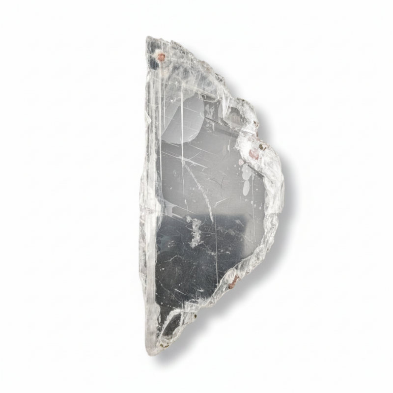 A raw, rough-cut clear selenite slab with natural crystalline structures and a dark inclusions area, shown on a clean white background.