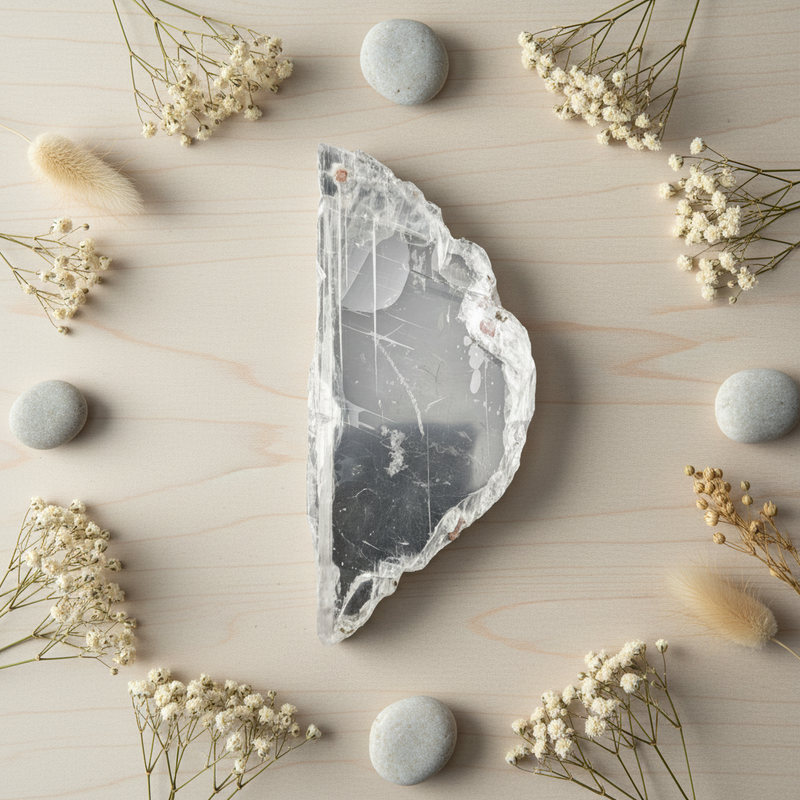 A polished raw selenite slab with natural rough edges, showing internal inclusions and a dark band, arranged on a light wood background surrounded by small white flowers and smooth stones.