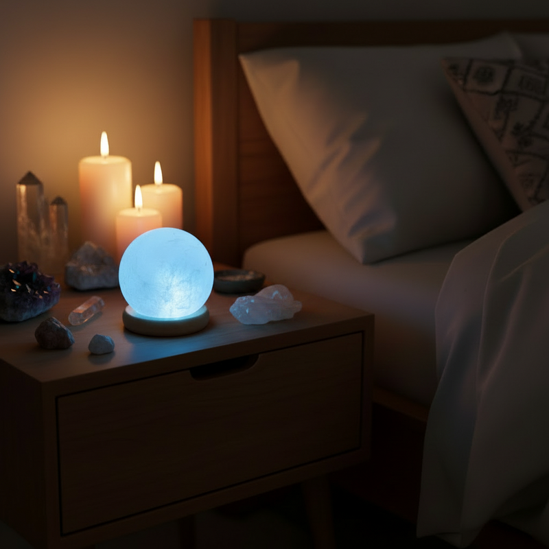 Small round  colour changing Himalayan Salt lamp with wooden base on a bedside table.